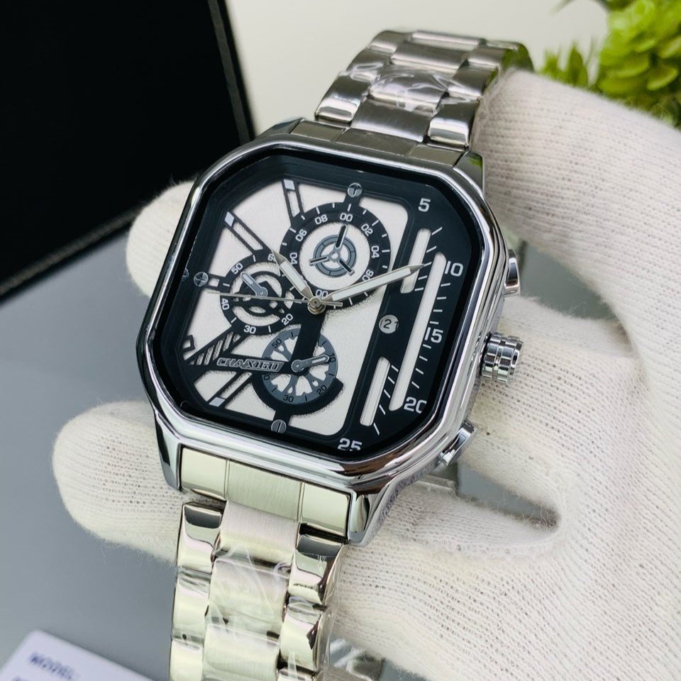 CHAXIGO Men's Square Dial Stainless Steel Watch | White & Black Dial | Silver Chain Strap | Luxury Chronograph Style Wristwatch